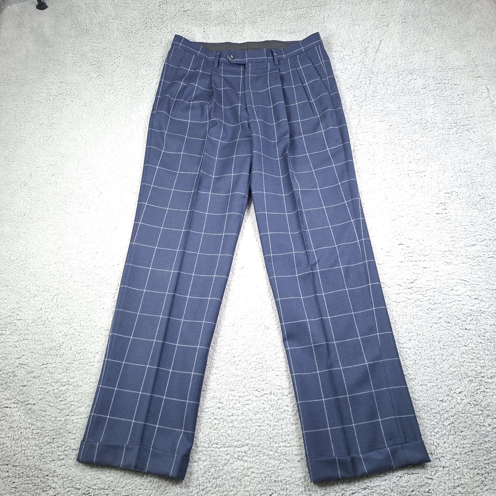 Paul Frederick 36x33 Blue Chalk Windowpane Flannel Wool Pleated Trousers PF31E